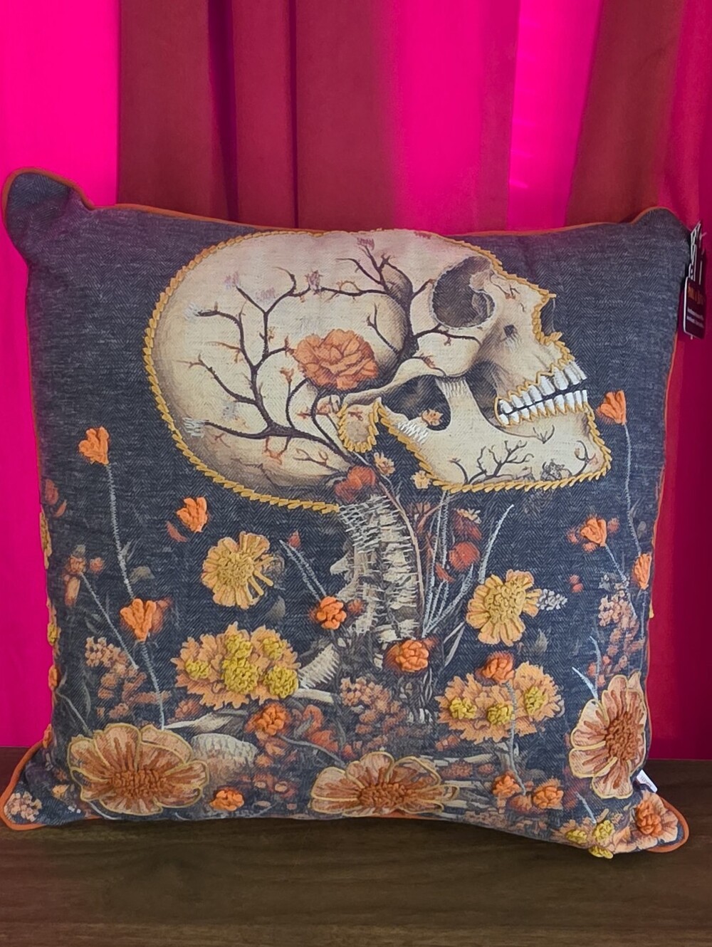 Painted Skeleton Embroidered Botanical Floral Throw Pillow Skull & Bones NWT